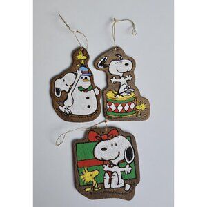 Snoopy and Woodstock Christmas Ornaments Vintage Set of 3 50s & 60s Wooden Retro